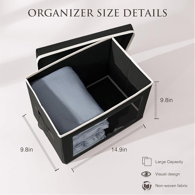 Homsorout Stackable Storage Bins with Lids - Medium Storage Box with Lids, Foldable Closet Boxes for Organizing, Wardrobe Clothes Organizer with Window, Cubes Bins for Living Room, 5 Pack, Black