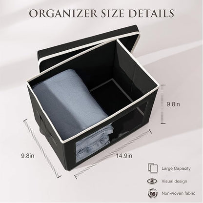 Homsorout Stackable Storage Bins with Lids - Medium Storage Box with Lids, Foldable Closet Boxes for Organizing, Wardrobe Clothes Organizer with Window, Cubes Bins for Living Room, 5 Pack, Black