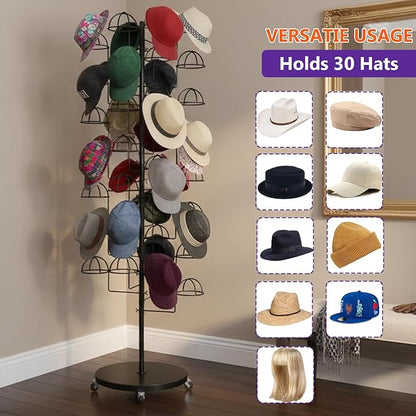 Metal Hats Display Rack with 30 Adjustable Hooks Floor Hat Rack Stand Hat Rack Display for Home Retail Store Hat Organizer Rack for Wig Cap(Black)