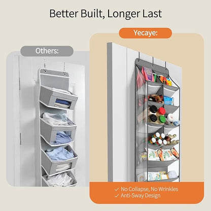 Yecaye Over the Door Shoe Organizer Hanging with Large Pockets, 8 Tier Back of Door Storage for Nursery, Closet and Bathroom, Partition Behind Door Organizers Shelf with Baby Clothes(1 Pack, Beige)