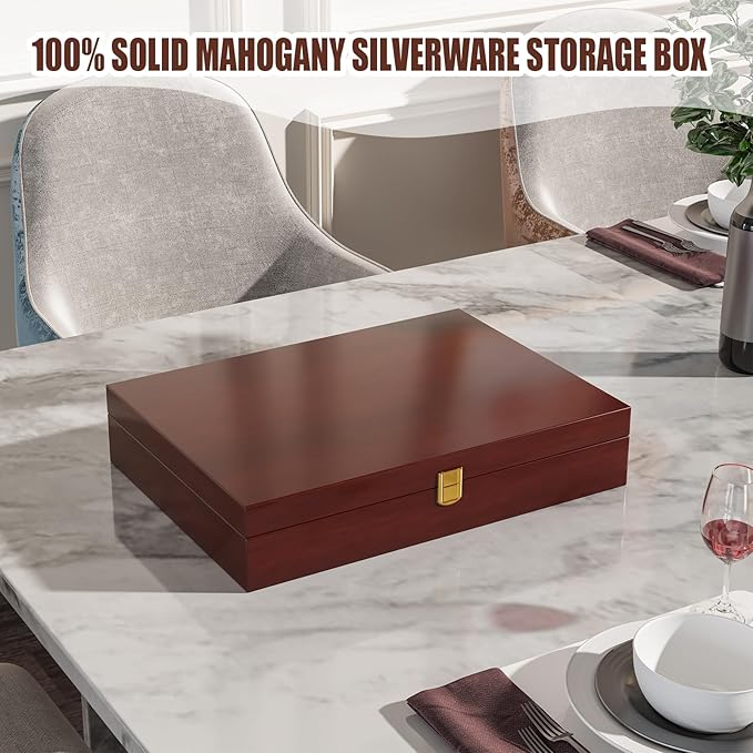 Solid Mahogany Silverware Storage Box,Silverware Chest Case with Lid and Felt Lined,Wood Flatware Storage Box for 12 sets of Utensils,Silverware Boxes for Flatware,Silverware Chest without Silverware
