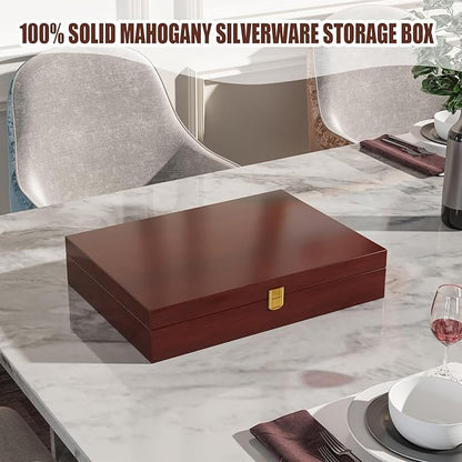 Solid Mahogany Silverware Storage Box,Silverware Chest Case with Lid and Felt Lined,Wood Flatware Storage Box for 12 sets of Utensils,Silverware Boxes for Flatware,Silverware Chest without Silverware