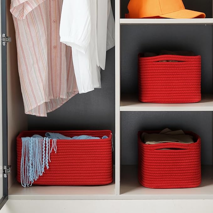 3-Pack Small Storage Baskets for Organizing | Woven Shelf Toy Basket | Rope Baskets for Gifts Empty | Closet Organizer Bins with Handles | Cube Decorative Box | 11.8×7.8×5.1” | Christmas Red
