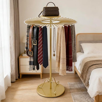 Gold 360°Rotating Scarf Display Tie Rack Belt Hanger Shawl Hijab Stand, Boutique Retail Display Stand Home Organizer Holder for Commercial Clothing Store, Bedroom(49.2in, 30 Hanging Rods)