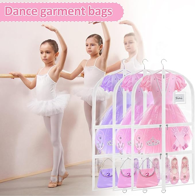 Garment Bags for Dance Costumes - 40 Inch Clear PVC with 5 Zipper Pockets (White) - Kids Dance Garment Bag for Dancers, Hanging Clothes Storage, Competitions & Travel