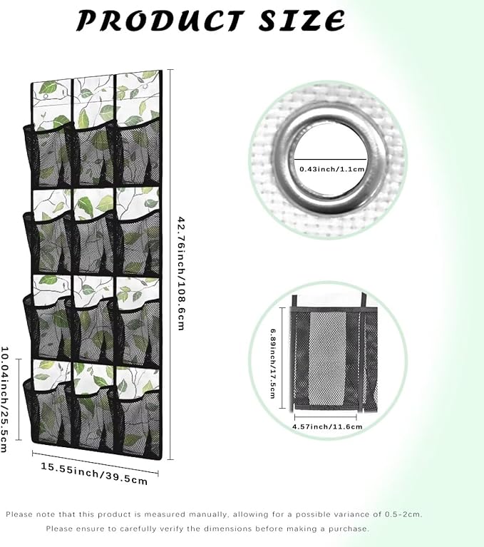 Green Leaves Hanging Shoe Organizer for Closet Door Storage Organizer 12-Pocket Mesh Bag Machine Washable Hanging Storage Bags Multi-purpose Door Rack for Bathroom Toiletries