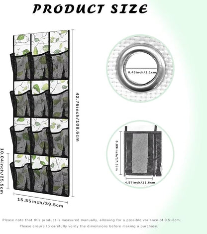 Green Leaves Hanging Shoe Organizer for Closet Door Storage Organizer 12-Pocket Mesh Bag Machine Washable Hanging Storage Bags Multi-purpose Door Rack for Bathroom Toiletries