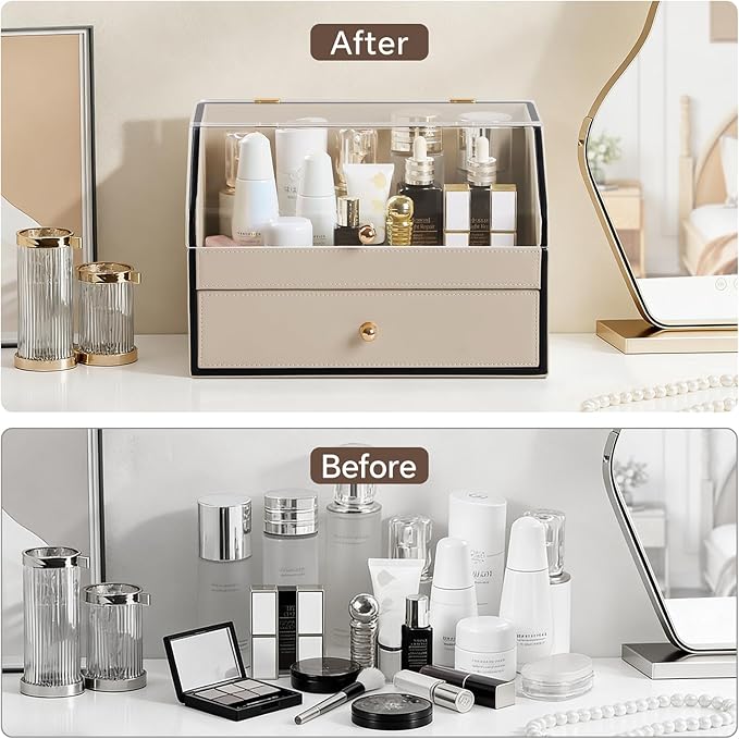 Leather Makeup Organizer & Skincare Storage Rack - Cosmetic Display Case with Dustproof Transparent Cover, Drawer Jewelry Storage, for Bedroom Vanity, Perfume & Lipstick Organizer (Beige)