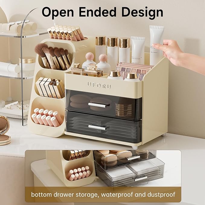 Makeup Organizer for Vanity with Brush Holder, Large Capacity Bathroom Countertop Skincare Organizer with 2 Drawers, Cosmetic Display Case for Perfumes, Eyeshadow Palettes, Nail Polishes