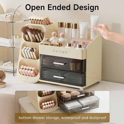 Makeup Organizer for Vanity with Brush Holder, Large Capacity Bathroom Countertop Skincare Organizer with 2 Drawers, Cosmetic Display Case for Perfumes, Eyeshadow Palettes, Nail Polishes
