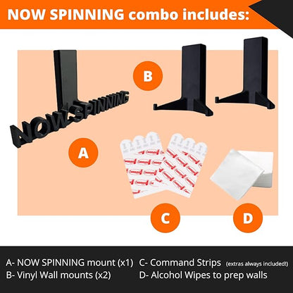 Now Spinning Vinyl Record Wall Mount Display/Shelf | Hang Albums Without Wall-Damage | Perfect for Office, Home, Dorms, and Apartments (Now Spinning + 2 Mounts, Black)