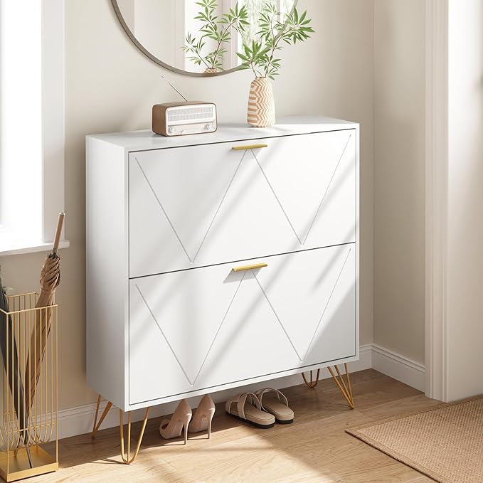 Shoe Cabinet with 2 Flip Drawers, Shoe Storage Cabinet Entryway Slim, White and Gold Narrow Shoe Cabinet w/Metal Legs, Hidden Freestanding Shoe Rack Organizer for Entryway, White