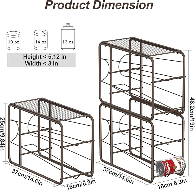 4 Pack Soda Can Organizer, Stackable Metal Can Dispenser for Pantry, Automatic Rolling Canned Food Organizer for Cabinet and Countertop, Brown.