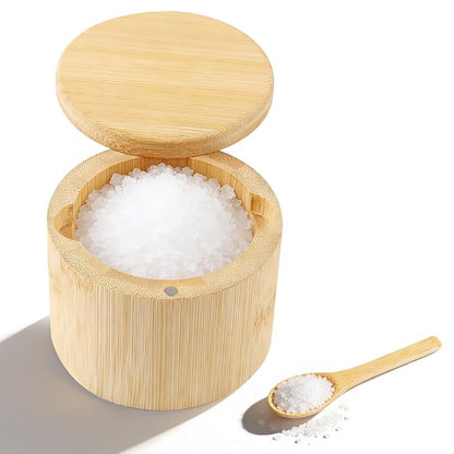 Ninsula Bamboo Salt Cellar, 360° Magnetic Swivel Lid Salt Container with Built-in Spoon for Storing Table Salt, Pepper, Sugar, Sea Salt, Spices, and Herbs