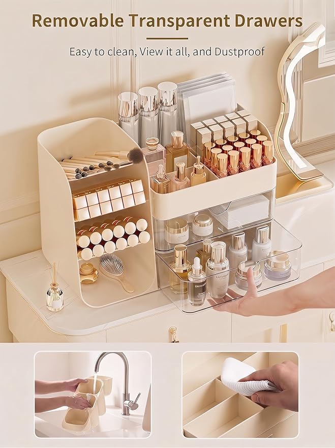 Booklov Makeup Organizer for Vanity, Countertop Cosmetic Display Case with Clear Acrylic Drawers, Bathroom Counter Beauty Caddy, Cute Table Storage Holder for Skincare, Brush Lipsticks, Crystal Creem