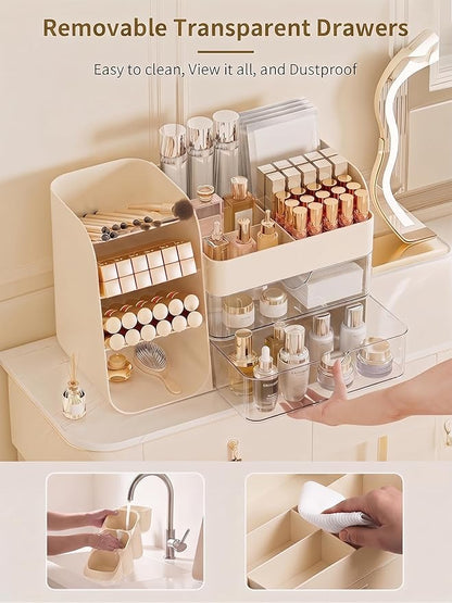 Booklov Makeup Organizer for Vanity, Countertop Cosmetic Display Case with Clear Acrylic Drawers, Bathroom Counter Beauty Caddy, Cute Table Storage Holder for Skincare, Brush Lipsticks, Crystal Creem
