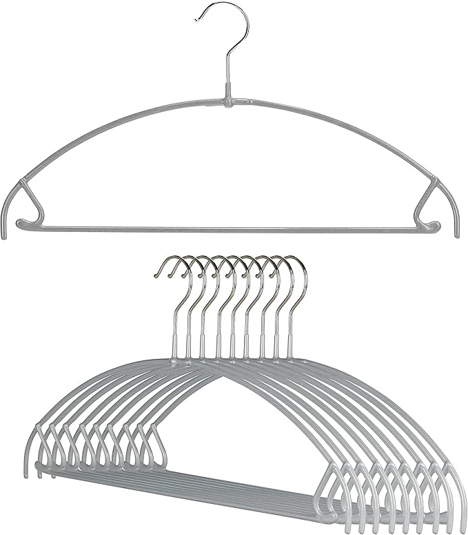 Mawa by Reston Lloyd Euro Ultra Light/Thin Series, Non-Slip Space Saving Clothes Hanger with Bar & Hook for Pants and Skirts, Style 42/PTU, Set of 10, Silver