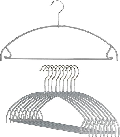 Mawa by Reston Lloyd Euro Ultra Light/Thin Series, Non-Slip Space Saving Clothes Hanger with Bar & Hook for Pants and Skirts, Style 42/PTU, Set of 10, Silver