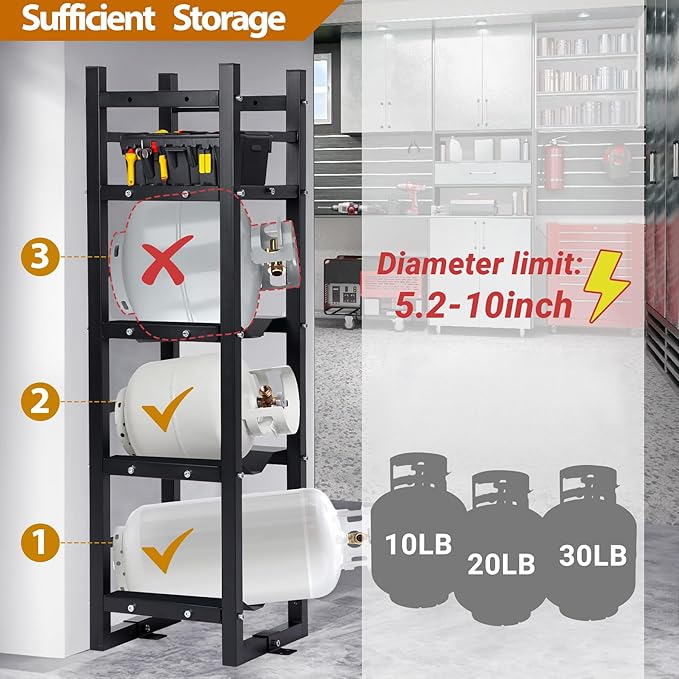 Refrigerant Tank Rack w/ 3x30lb and Storage Plate, Stable Refrigerant Cylinder tank rack, Cylinder Rack Sufficient Storage for Freon, Gases, Oxygen, Nitrogen, Acetylene