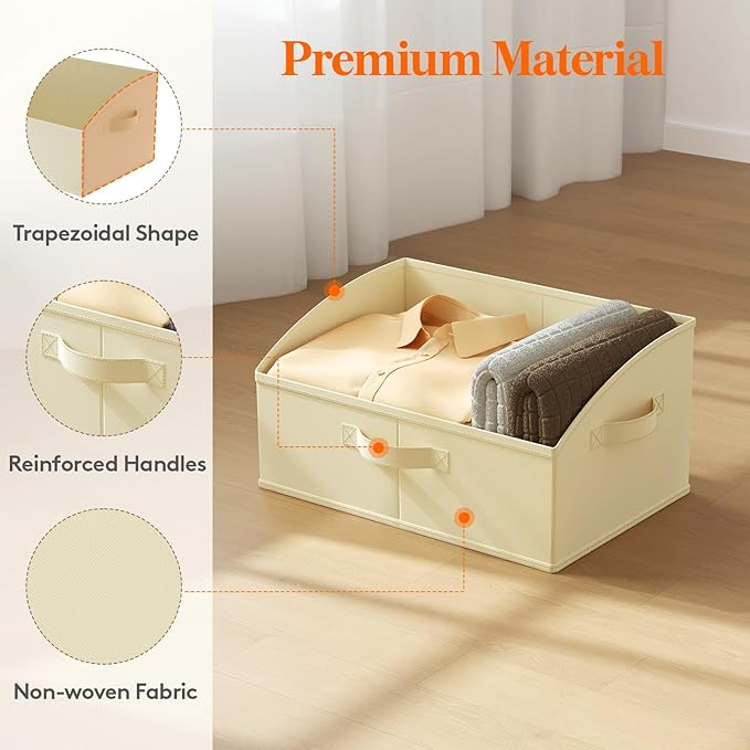 Lifewit Trapezoid Closet Storage Bins for Shelf, 6 Packs Non-woven Closet Organizer Baskets with Handles, Foldable Clothes Containers Boxes for Clothing, Book, Purse, 19L, Large, Beige