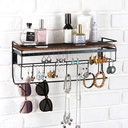 JackCubeDesign Hanging Jewelry Organizer with 9 Hooks, Wall Mount Necklace Earring Bracelet Sunglass Holder with Torched Wood Shelf (Black Metal) - MK237C