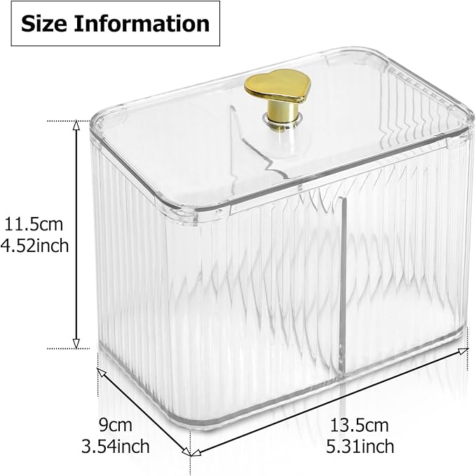 Qtips Holder Bathroom Container, 3-Section Cotton Buds Ball Dispenser, Clear Bathroom Organizer Jar, Cosmetics Storage for Vanity
