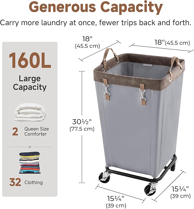 StorageWorks 160L Laundry Basket with Wheels, Large Rolling Hampers for Clothing Organizer, Dirty Clothes Basket for Hotel, Home, Closet, Dorm, Light Grey