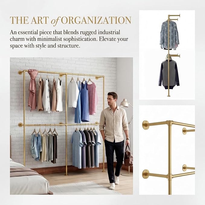 Gold Pipe Clothing Racks Wall Mount Gold Clothes Rack, Heavy Duty Industrial Pipe Clothes Racks Retail Display Hanging Rod for Closet Storage, Laundry Room