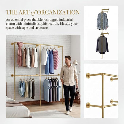 Gold Pipe Clothing Racks Wall Mount Gold Clothes Rack, Heavy Duty Industrial Pipe Clothes Racks Retail Display Hanging Rod for Closet Storage, Laundry Room