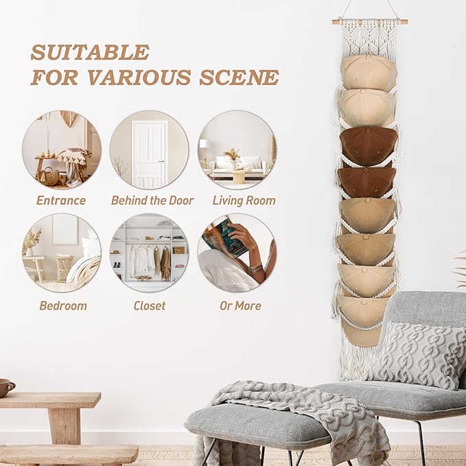 Macrame Hat Hangers for Wall Handmade Boho Baseball Cap Hanger Hand Knitting Cap Organizer Hat Holder for Wall Over Door Ball Hat Rack for Decoration Wardrobe Living Room Bedroom