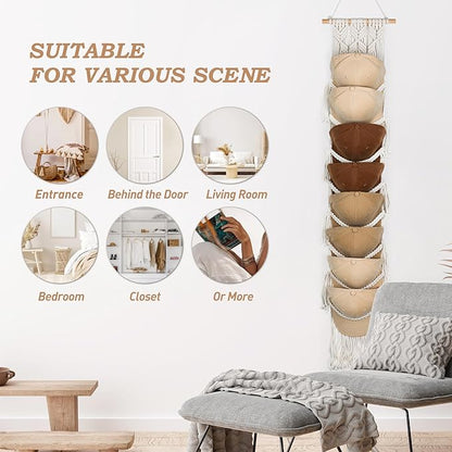Macrame Hat Hangers for Wall Handmade Boho Baseball Cap Hanger Hand Knitting Cap Organizer Hat Holder for Wall Over Door Ball Hat Rack for Decoration Wardrobe Living Room Bedroom