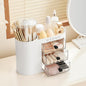 UFORU Makeup Organizer with Pop-Up Brush Holder for Dresser Vanity, Plastic Bathroom Counter Organizer with 3 Drawers & Dust-Proof Cover, Cosmetic Display Case for Lipstick, Skincare, White