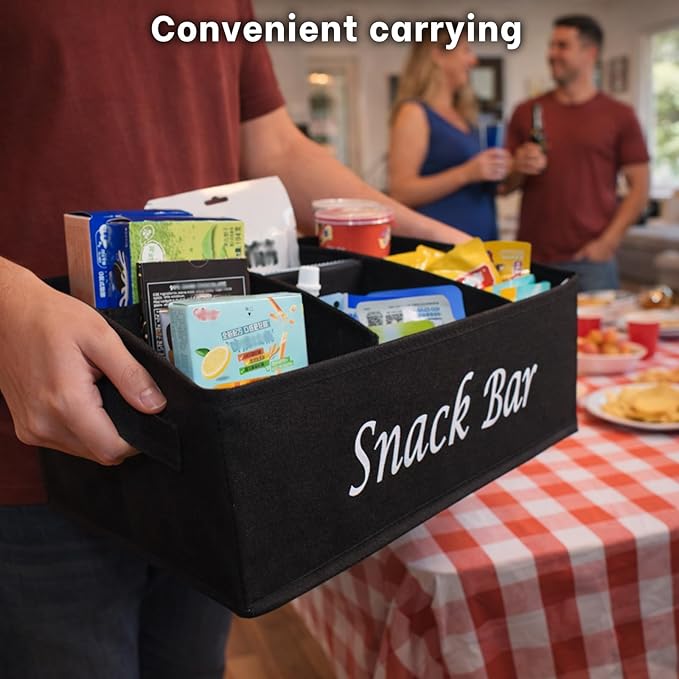 Snack Bar Organizer for Countertop,Black Fabric Snack Basket with Handles,6 Compartment Open Top Snack Bin for Kitchen Counter,Pantry,Snacks & Party Treats