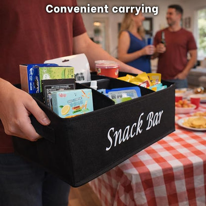Snack Bar Organizer for Countertop,Black Fabric Snack Basket with Handles,6 Compartment Open Top Snack Bin for Kitchen Counter,Pantry,Snacks & Party Treats