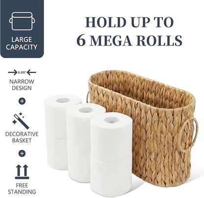 Coeusy Toilet Paper Storage Basket, Water Hyacinth Toilet Paper Holder for Up to 6 Mega Rolls, Wicker Basket for Bathroom Accessories Organizer, Boho Hand Woven Rattan Decorative Decor, Natural