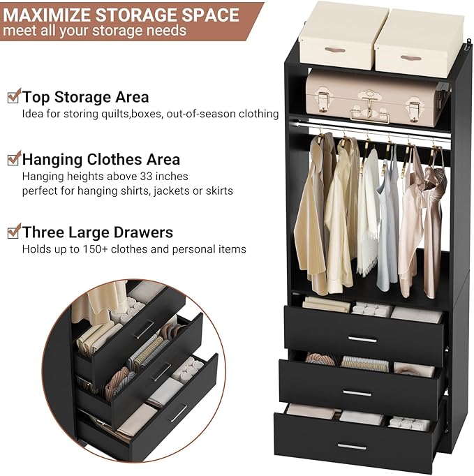 Besiost Closet System Set of 2, 4FT Closet Systems with 6 Wood Drawers, 48" Closet Organizer System with 2 Hanging Rods & 2 Shelves, Heavy Duty 48 Inch Walk-in Closet, Black (48"L x 15" W x 80" H)
