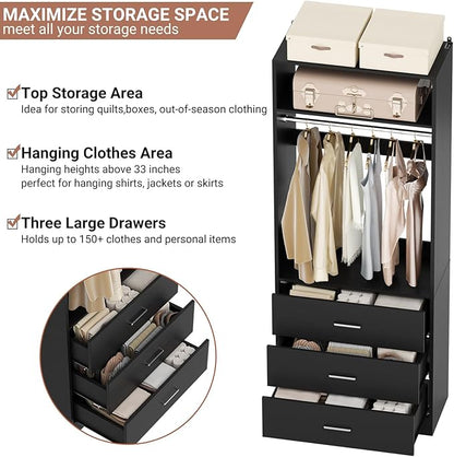 Besiost Closet System Set of 2, 4FT Closet Systems with 6 Wood Drawers, 48" Closet Organizer System with 2 Hanging Rods & 2 Shelves, Heavy Duty 48 Inch Walk-in Closet, Black (48"L x 15" W x 80" H)