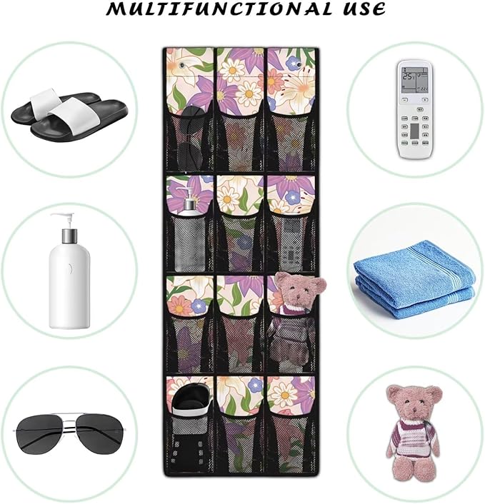 12 Large Mesh Pockets Floral Over the Door Shoe Organizer Sturdy Oxford Fabric Hanging Shoe Rack for Closet Organizers and Storage