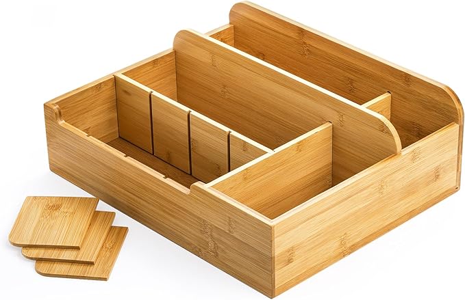 Frcctre Bamboo Utensil Caddy Organizer, 8 Compartments Large Paper Plate Holder, Adjustable Utensil Holder Silverware Cutlery Organizer for Plate Cup Fork Spoon Napkin, 16" L x 13" W x 5.5" H