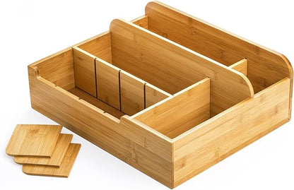 Frcctre Bamboo Utensil Caddy Organizer, 8 Compartments Large Paper Plate Holder, Adjustable Utensil Holder Silverware Cutlery Organizer for Plate Cup Fork Spoon Napkin, 16" L x 13" W x 5.5" H