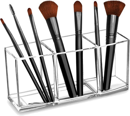Clear Makeup Brush Organizer, Premium Acrylic Makeup Brush Holder Organizer 3 Compartments, Makeup Brush Display Holder Cosmetic Storage