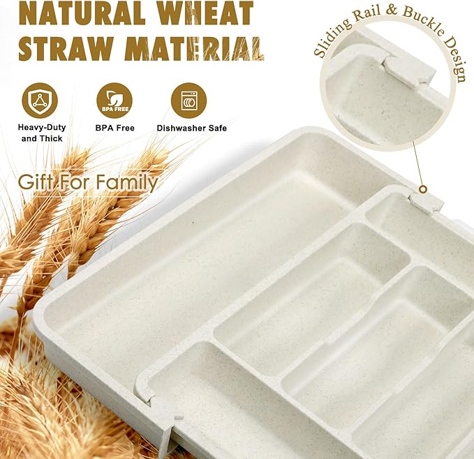 FANCILLA Heavy Duty Silverware Organizer for Kitchen Drawers - Large Wheat Straw Utensils Drawer Organizer, BPA-Free Adjustable Cutlery Holder, Dishwasher Safe, 6-8 Wider Slots (White)