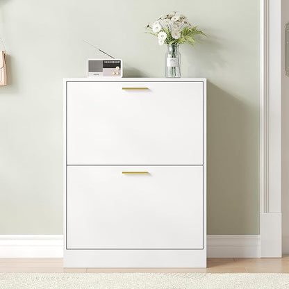 Shoe Cabinet with 2 Flip Drawers, White Shoe Cabinet Storage for Entryway, Modern Shoe Organizer Wood, Freestanding Small Thin Shoe Racks with Doors, White