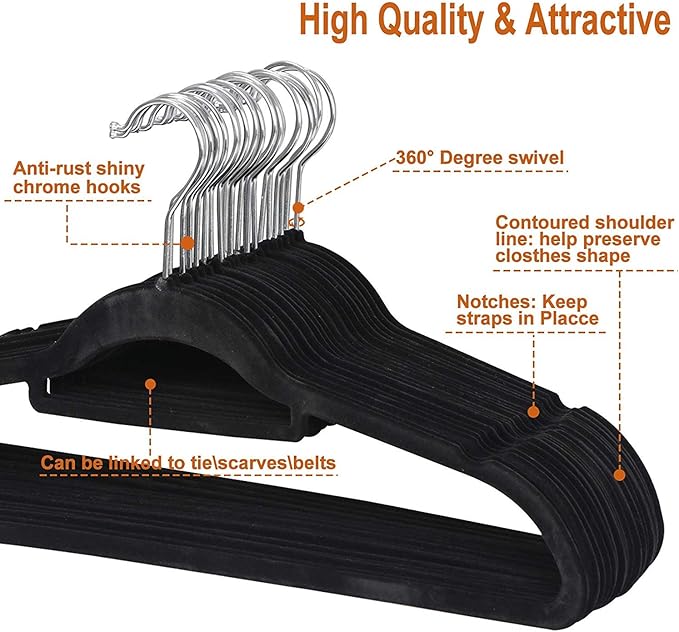 Suit Hangers Ultra Thin Velvet Coat Hangers Non Slip Flocked Clothes Hanger 360°Swivel Hook 100 Pack/Lot，Black
