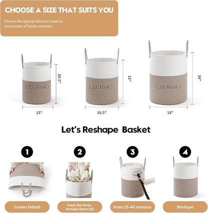 Laundry Basket Hamper Tall Rope Storage Woven for Blanket toys Dirty Clothes in Living Room Bathroom Bedroom (White&Brown, 80L/21.3Gal)