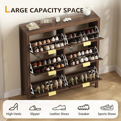 YOMILUVE 47.3" Shoe Cabinet Storage for Entryway, Fluted Shoe Cabinet with 6 Flip Drawers, Hidden Shoe Rack Freestanding Wooden Shoe Organizer with Legs for Hallway, Walnut