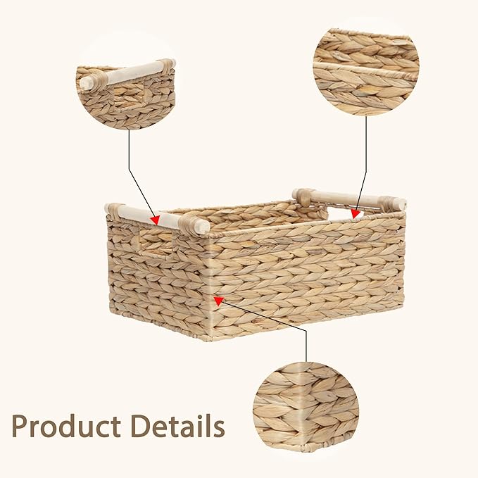 Water Hyacinth Wicker Storage Basket, Rectangular Handwoven Shelf Organizer with Wooden Handles for Pantry & Closet (Large)