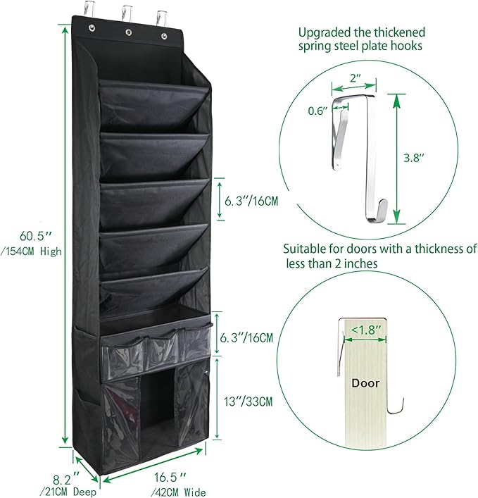 3in1 Over The Door Shoe Organizer with 5 Slanted Compartments,Removable Storage Bin & Transparent Pockets,Thickened Waterproof Oxford Fabric Shoes Rack for Shoes,Boots,Toys,Daily Essentials. (Black)