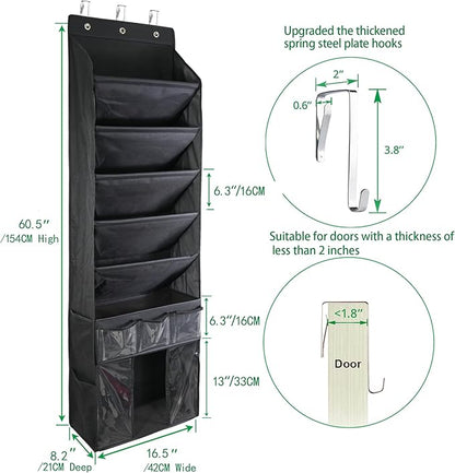 3in1 Over The Door Shoe Organizer with 5 Slanted Compartments,Removable Storage Bin & Transparent Pockets,Thickened Waterproof Oxford Fabric Shoes Rack for Shoes,Boots,Toys,Daily Essentials. (Black)