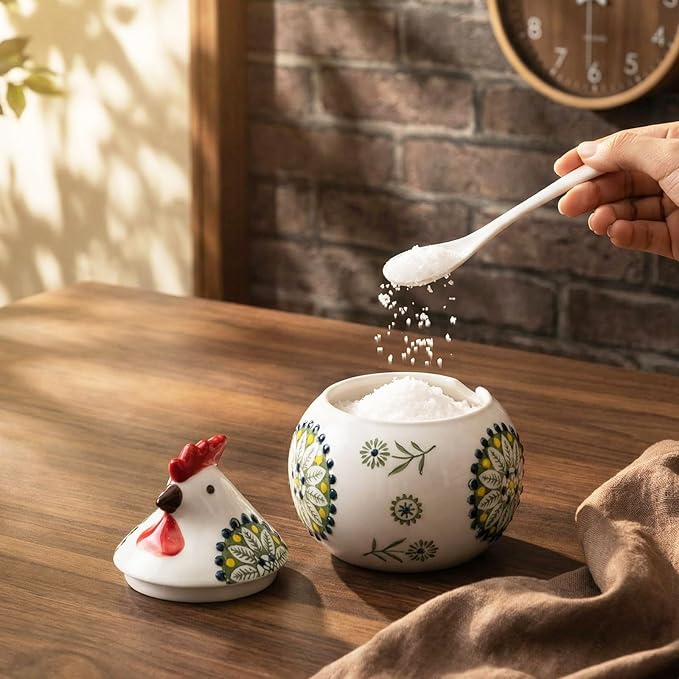 Ceramic Salt Cellar with Lid and Spoon, 13 oz Large Chicken Salt Jar, Chicken Sugar Containers for Countertop, Decorative Kitchen Holder for Coffee, Pepper, Seasonings, Spices, Candy(Green)